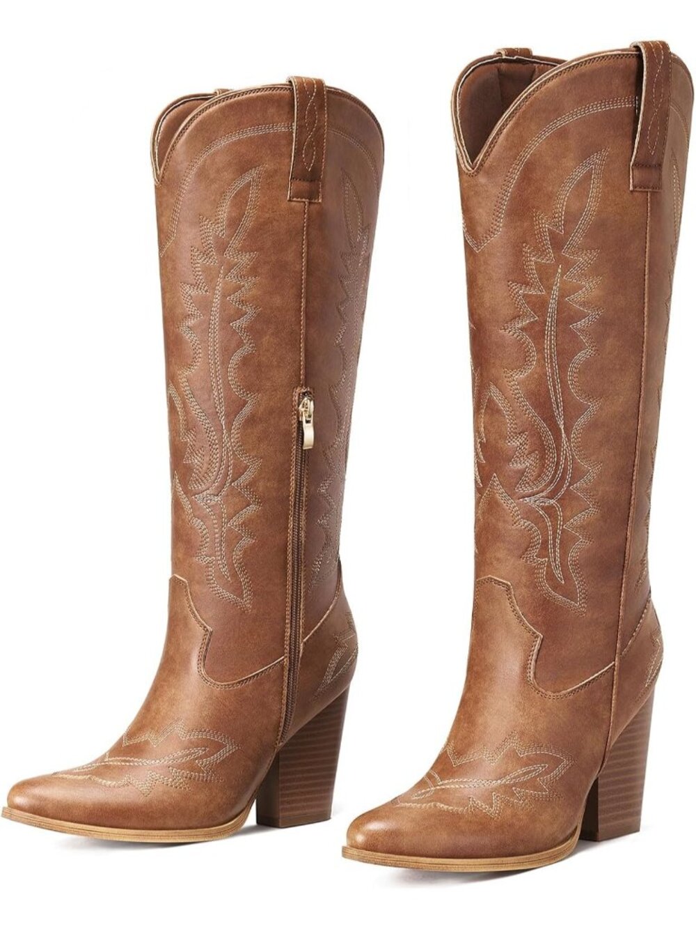 Women’s Brown Western Embroidery Side Zipper Cowgirl Knee High Cowboy Boots